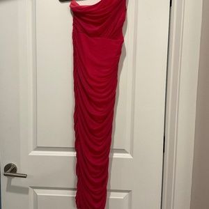 Fuchsia mesh cinched midi dress, one shoulder